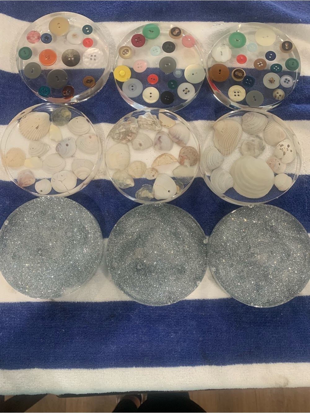 Handcrafted Blue and Clear Resin Coasters with Shells and Glitter Buttons